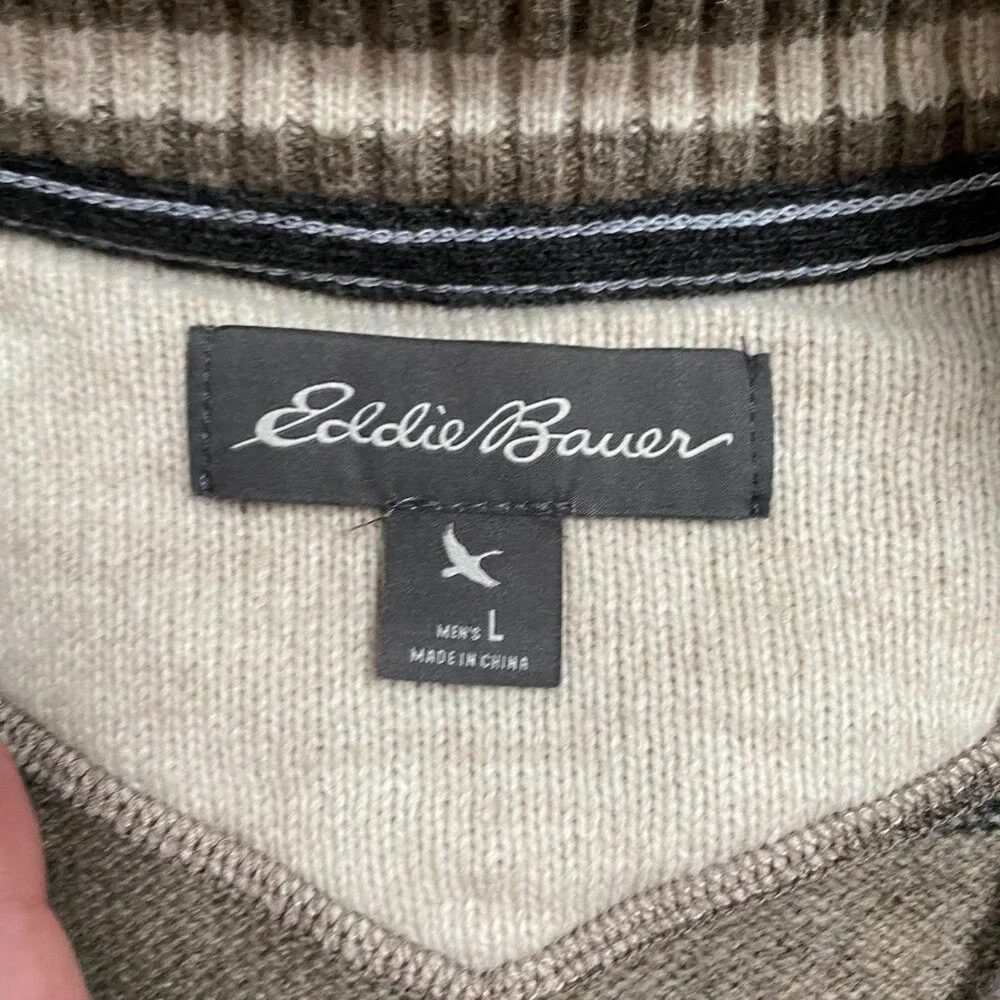 Eddie Bauer Oatmeal Stripe Wool Blend Zip Henley Pullover Sweater Size Large - Picture 8 of 10